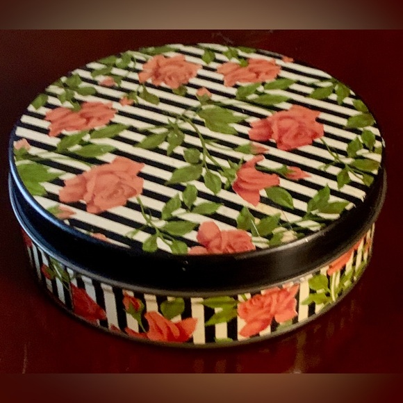 Mid Century Vtg Floral Striped Metal Lidded Candy Biscuit Tin - Picture 12 of 16